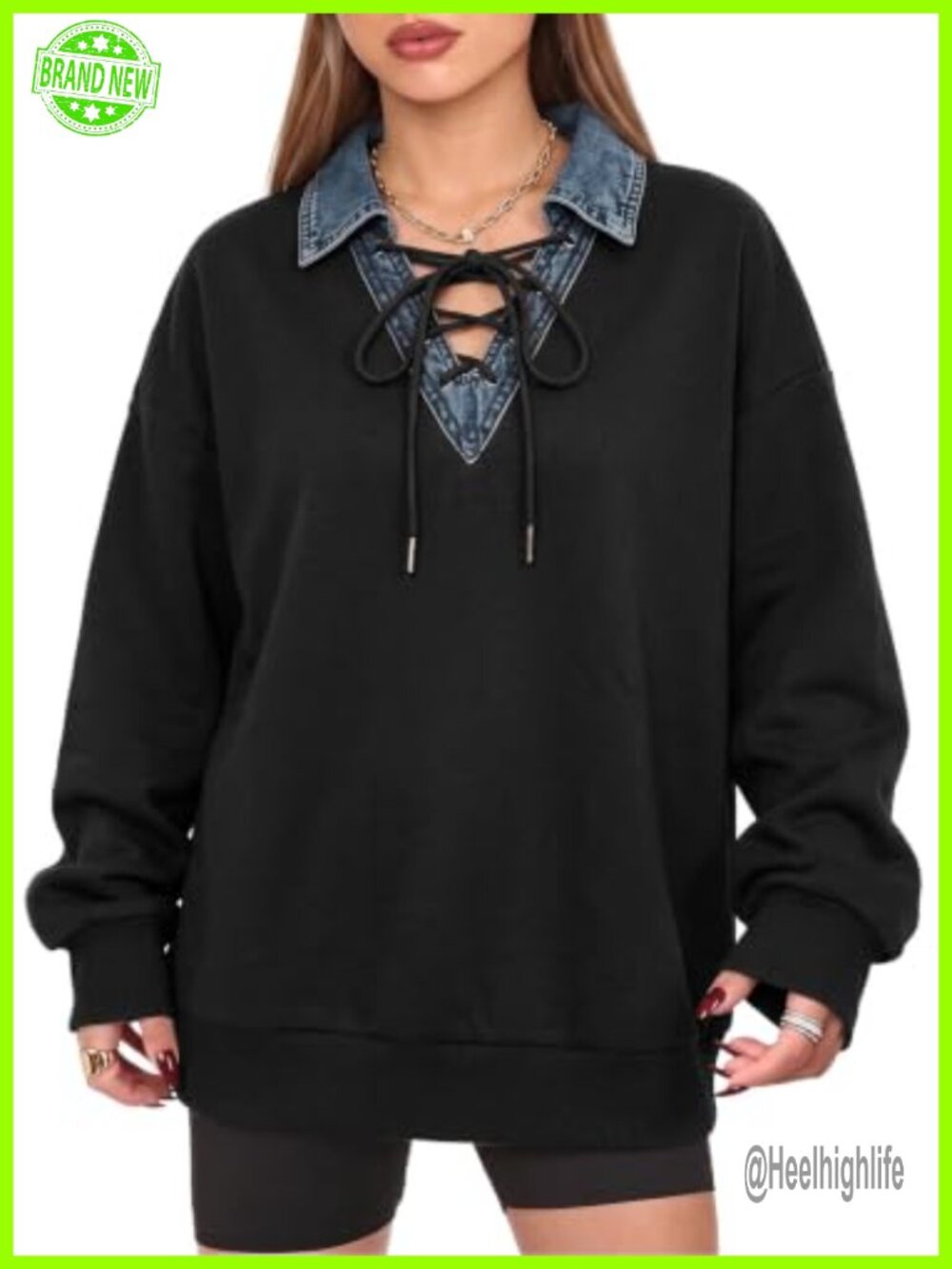 Oversized Lace-Up Denim Collar Sweatshirt Pullover
